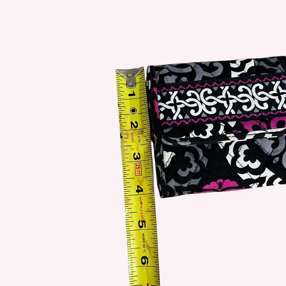 Vera Bradley Tri-Fold Wallet Accordion Quilted Cotton Black Pink ID Card Case - Picture 7 of 13